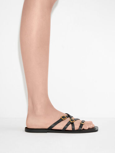 Strappy Buckled Slide Sandals, Black, hi-res