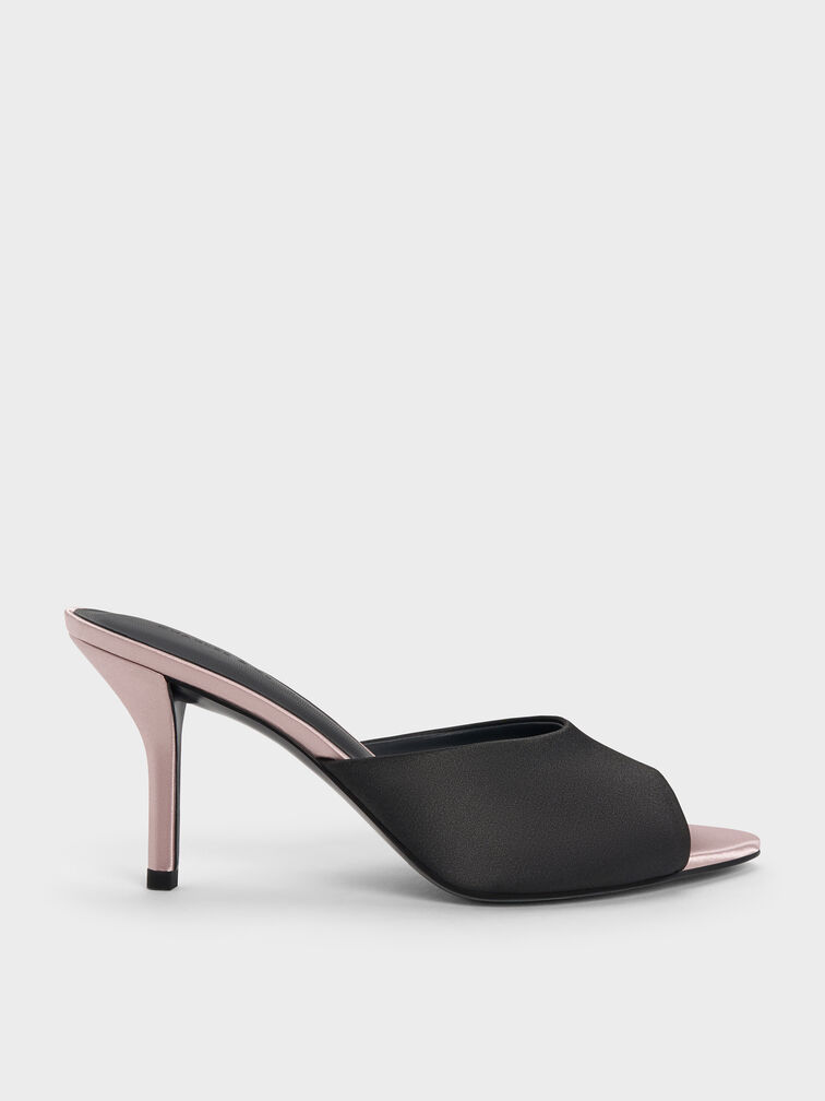 Valentina Satin Peep-Toe Stiletto Mules, Black Textured, hi-res