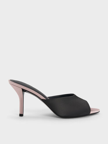 Valentina Satin Peep-Toe Stiletto Mules, Black Textured, hi-res
