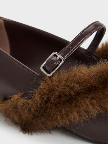 Emila Faux Suede Fur-Trim Pointed Mary Janes, Dark Brown, hi-res