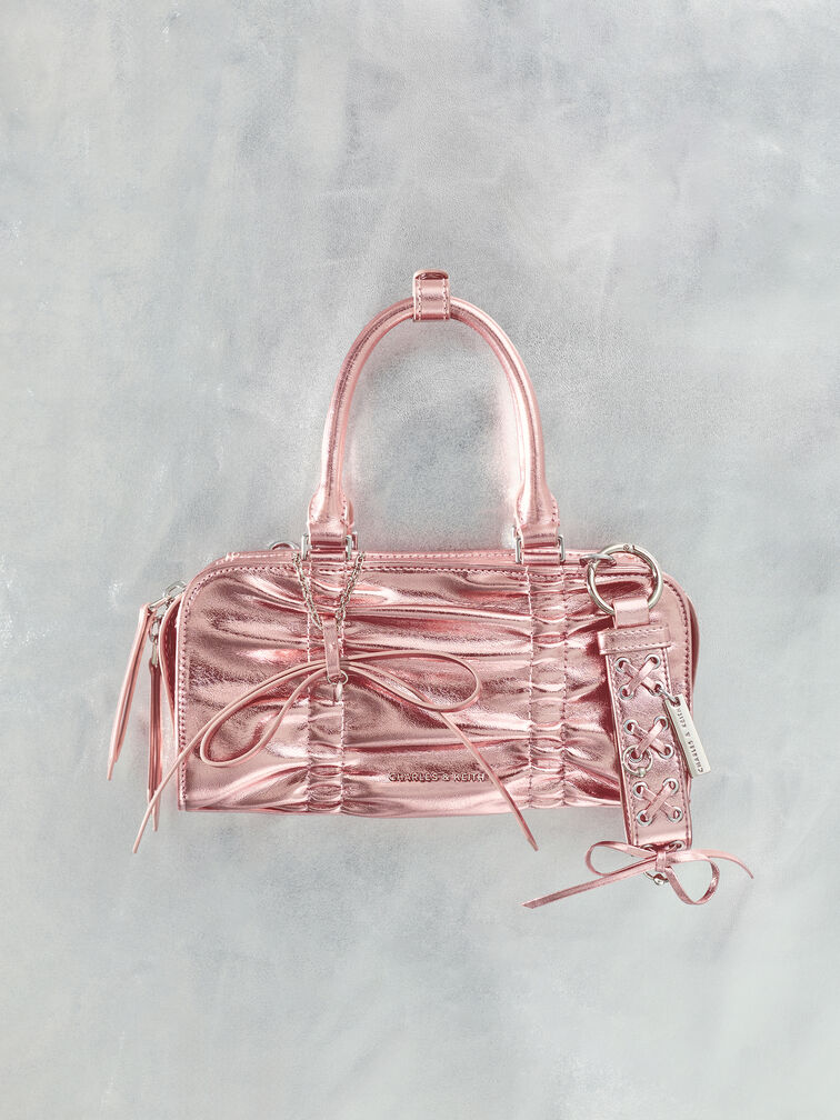 ชาร์มกระเป๋าดีไซน์แบบผูกเชือกตกแต่งหมุดโลหะ, สีออร่าพิงค์, hi-res