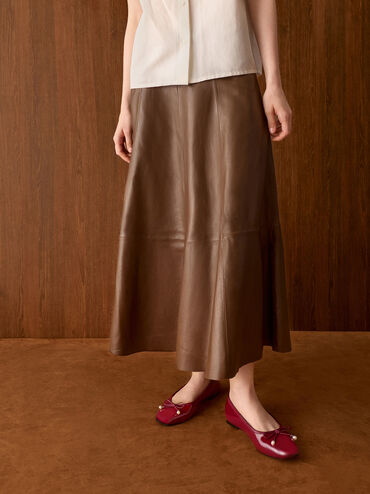 Barbara Patent Pearl-Bow Ballet Flats, Red, hi-res