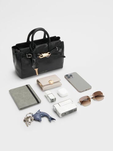 กระเป๋าโท้ทขนาดมินิรุ่น Delfina, สีดำอะไหล่สีเงิน, hi-res