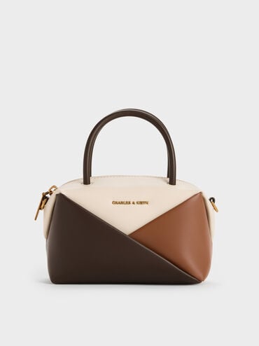 กระเป๋าโบว์ลิ่งดีไซน์ลายเรขาคณิตแบบคัลเลอร์บล็อครุ่น Midori, สีมัลติบราวน์, hi-res