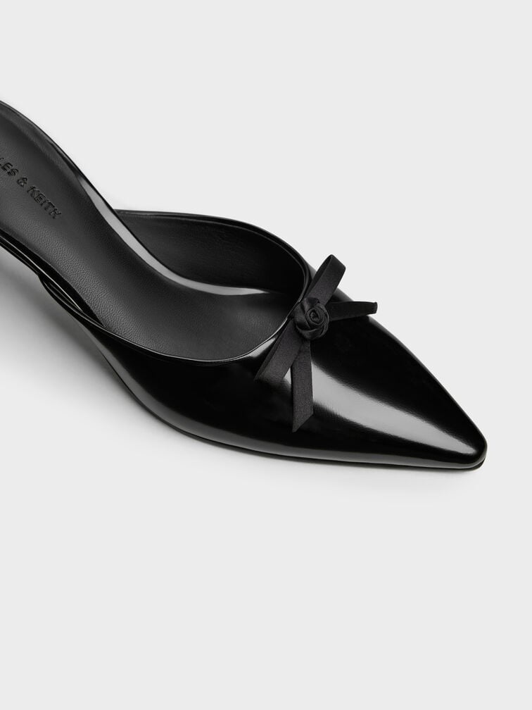 Rose-Bow Pointed Heeled Mules, Black Boxed, hi-res