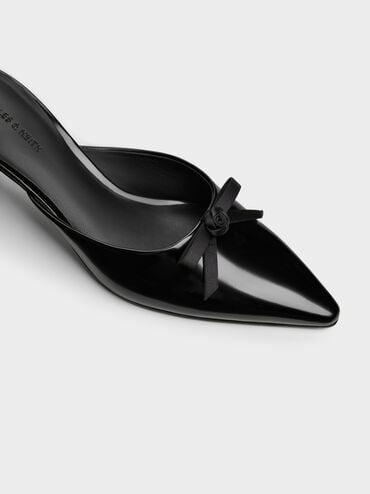 Rose-Bow Pointed Heeled Mules, Black Boxed, hi-res
