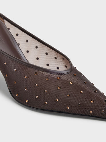 Mesh Crystal Pointed Heeled Mules, Dark Brown Textured, hi-res