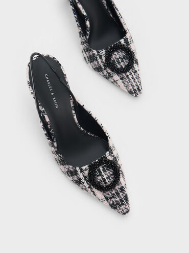 Tweed Beaded Circle Slingback Pumps, สีชมพู, hi-res