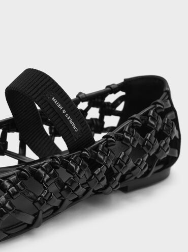 รองเท้าแมรี่เจนดีไซน์แบบสาน, สีดำ, hi-res