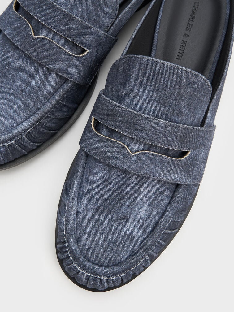 รองเท้าเปิดส้นทรงโลฟเฟอร์ดีไซน์เพนนีวัสดุผ้าเดนิมรุ่น Dylan, สีดาร์คบลู, hi-res