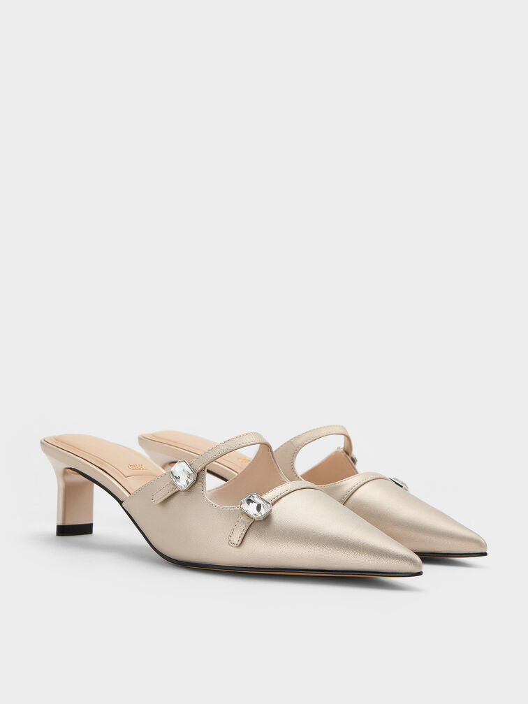 Pearlescent Leather Gem-Buckle Pointed-Toe Heeled Mules, Ivory, hi-res