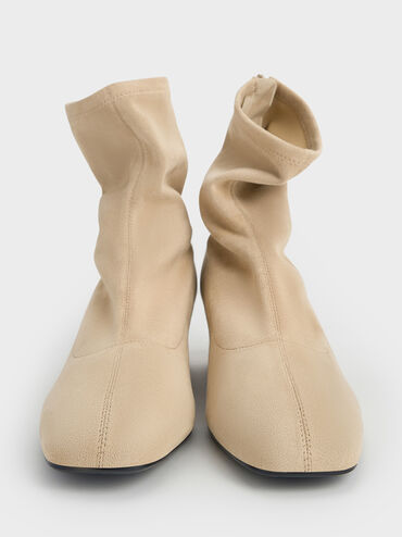 Faux Suede Stitch-Trim Heeled Ankle Boots, Sand, hi-res