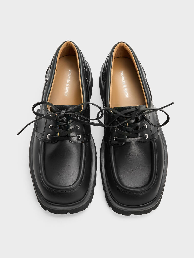 รองเท้าโบ๊ทชูส์พื้นหยักแบบผูกเชือก, สีดำ, hi-res