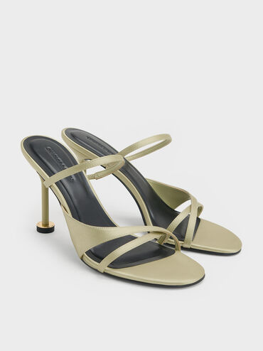 Recycled Polyester Crossover Sculptural-Heel Strappy Mules, Green, hi-res