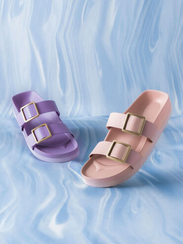 Metallic Buckle Slide Sandals, , hi-res