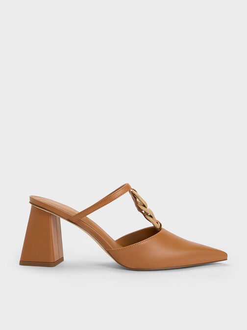 Chunky Chain-Link Heeled Mules, Camel, hi-res