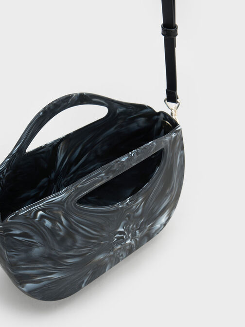 Cocoon Curved Handle Printed Bag, สีดำ, hi-res