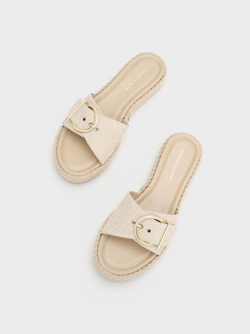 Linen Buckled Espadrille Flat Sandals, สีเบจ, hi-res
