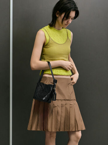 กระเป๋าทรงถังลวดลายควิลท์ประดับโซ่รุ่น Duo, สีดำ, hi-res