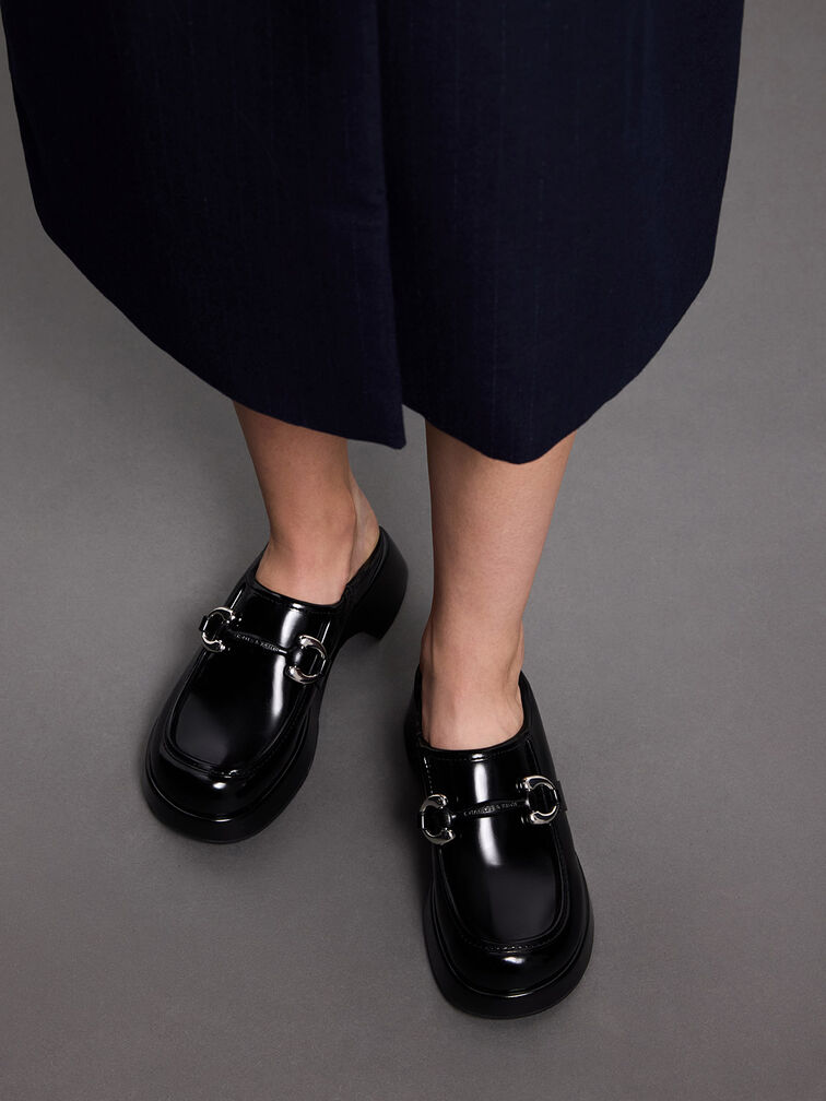 Metallic Accent Platform Mules, Black Boxed, hi-res