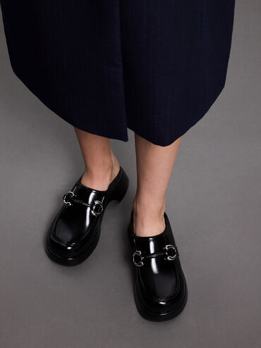 Metallic Accent Platform Mules, Black Boxed, hi-res