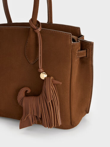 Leather Fringed Dog Charm, Chocolate, hi-res