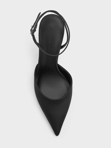 รองเท้าส้นสูงดีเทลส้นรูปดอกไม้ดีไซน์หัวแหลมพร้อมสายรัดข้อเท้า, สีแบล็คเท็กซ์เจอร์, hi-res