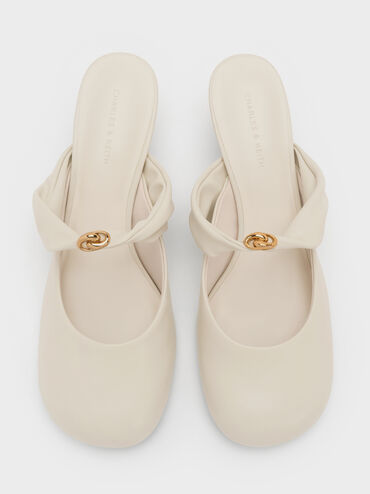 Metallic-Accent Twisted-Strap Heeled Mules, Chalk, hi-res