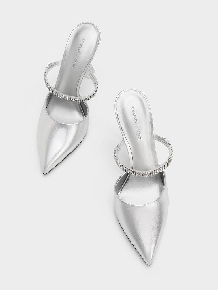 Gem Strap Metallic Mules, Silver, hi-res