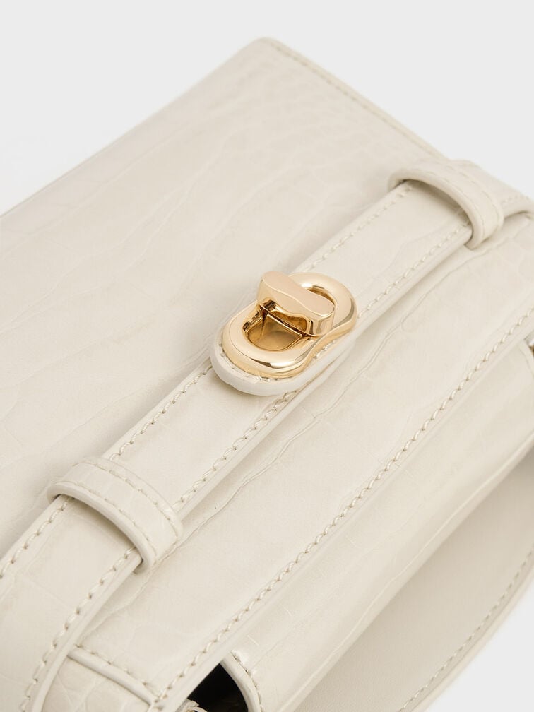 กระเป๋าถือเอฟเฟกต์ลายจระเข้รุ่น Aubrielle, สีไอวอรี่, hi-res