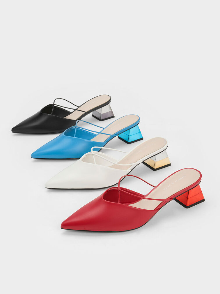 Metallic Trapeze Heel Crossover Mules, สีดำ, hi-res