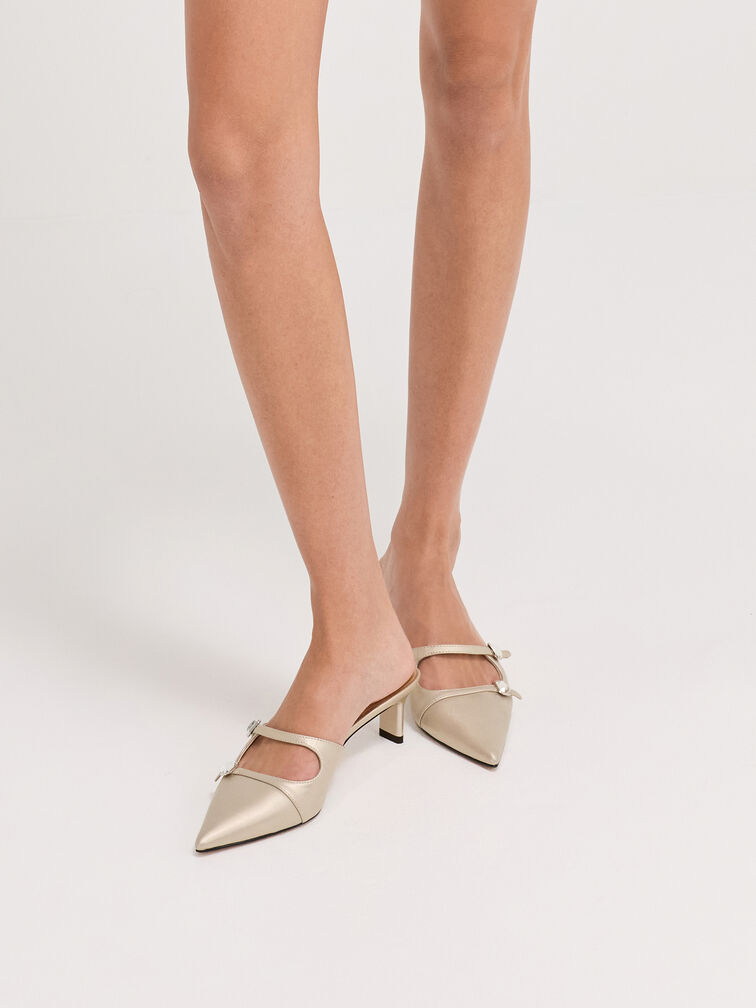 Pearlescent Leather Gem-Buckle Pointed-Toe Heeled Mules, Ivory, hi-res
