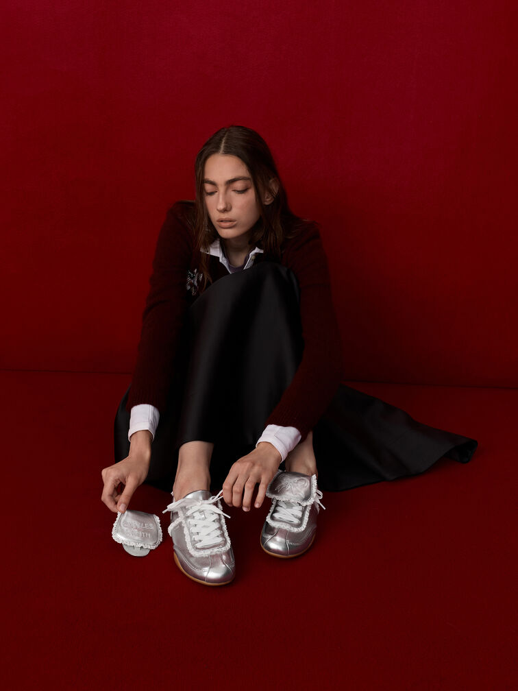 Louise Lace-Trim Sneakers, Silver, hi-res