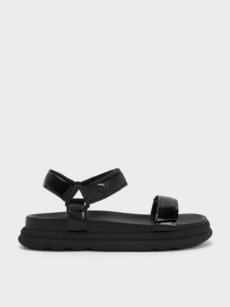 Patent Strappy Sports Sandals, หนังแก้วสีดำ, hi-res