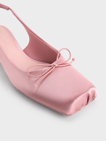 Satin Bow Square-Toe Slingback Pumps, Pink, hi-res