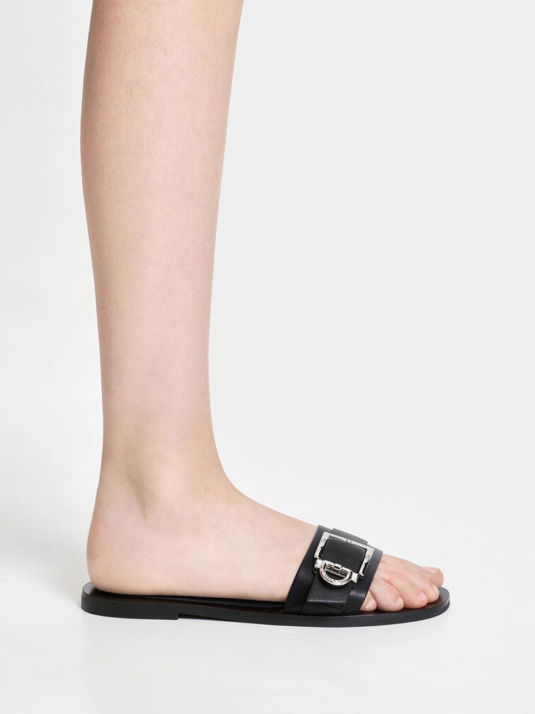 Metallic Buckle Slides, สีดำ, hi-res