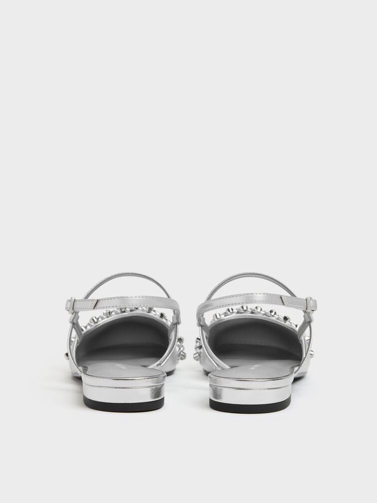 Metallic Crystal Slingback Flats, Silver, hi-res
