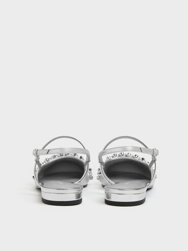 Metallic Crystal Slingback Flats, Silver, hi-res