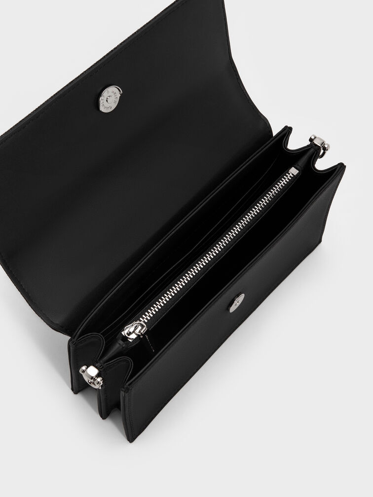 กระเป๋าสตางค์ดีเทลกลิตเตอร์พร้อมสายโซ่, สีดำอะไหล่สีเงิน, hi-res