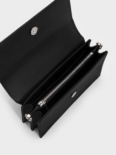 กระเป๋าสตางค์ดีเทลกลิตเตอร์พร้อมสายโซ่, สีดำอะไหล่สีเงิน, hi-res