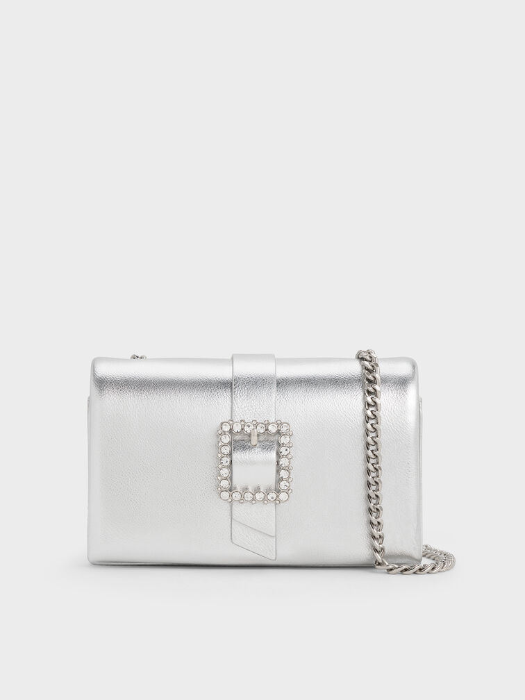 Metallic Crystal-Buckle Belted Chain-Handle Bag, Silver, hi-res