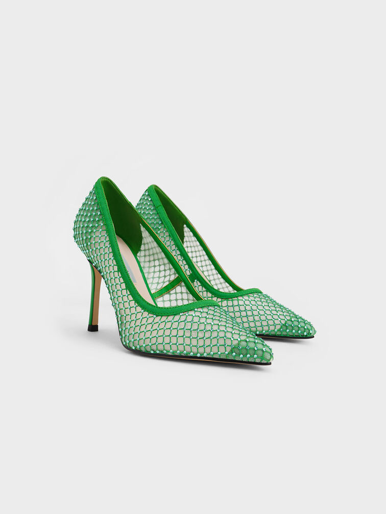 Gem-Encrusted Mesh Heeled Pumps, , hi-res