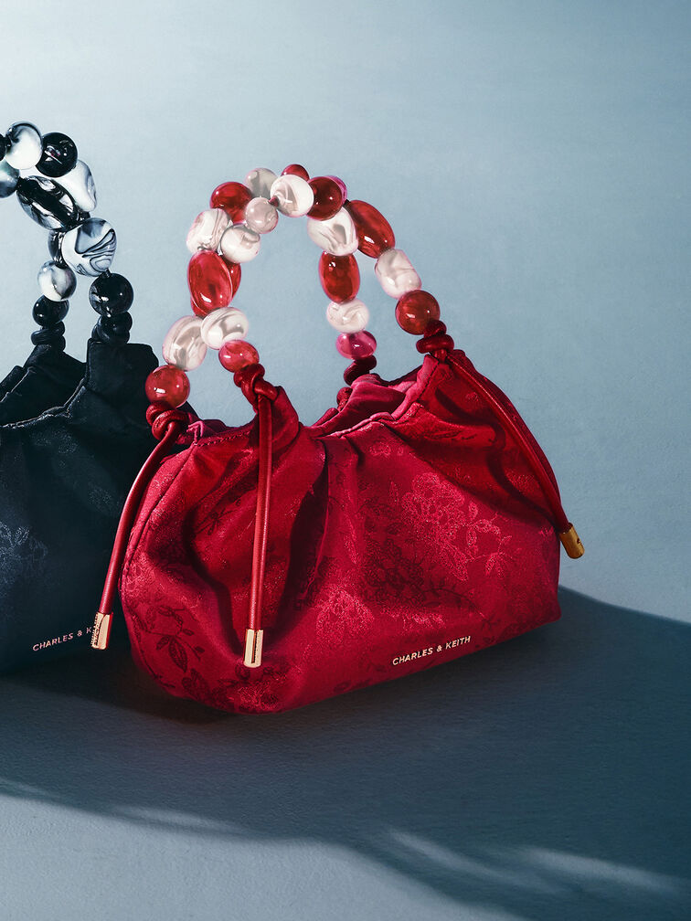 Aviary Jacquard Beaded-Handle Bag, Crimson Red, hi-res