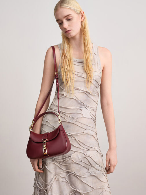 Agatha Chain-Accent Hobo Bag, Burgundy, hi-res