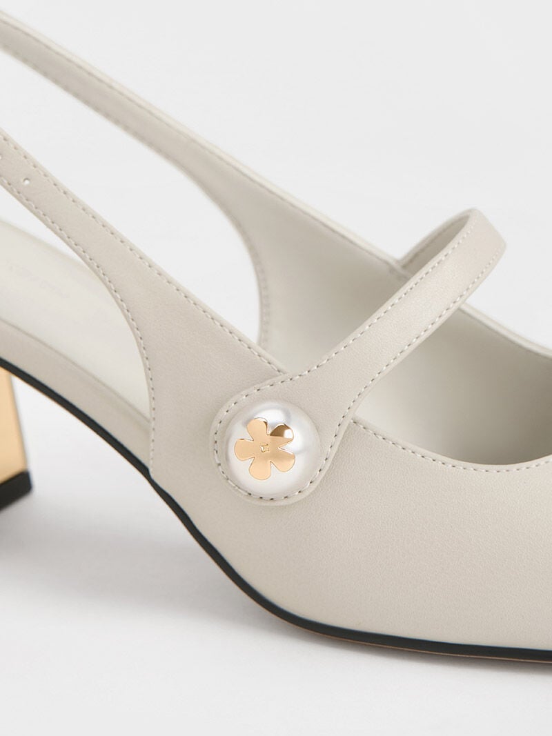 Pearl Embellished Trapeze Heel Slingback Pumps Chalk