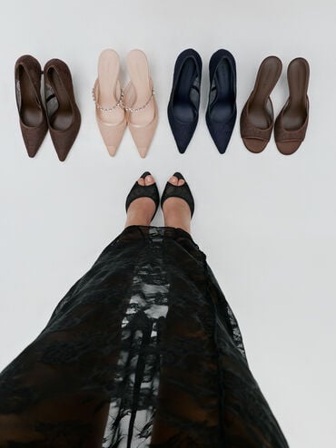 รองเท้าเปิดส้นดีไซน์ลูกไม้และผ้าซาติน, สีนู้ด, hi-res