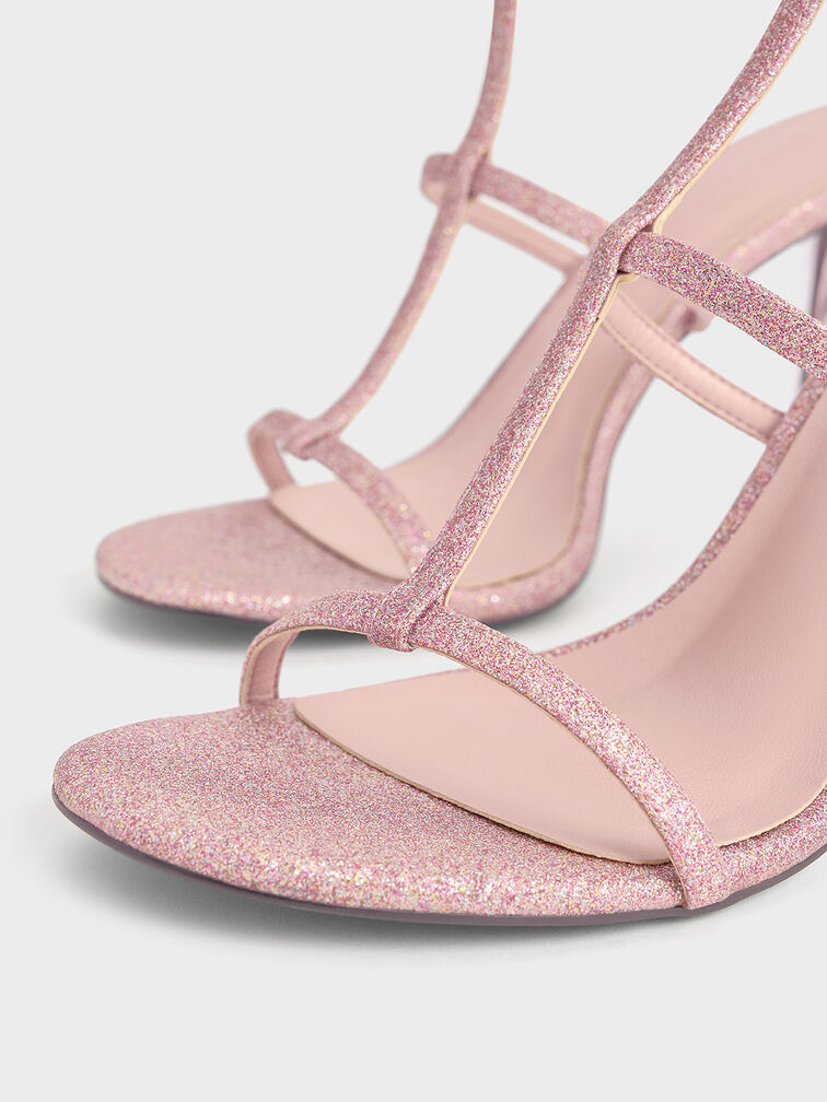 Glittered T-Bar Ankle-Strap Sandals, Pink, hi-res