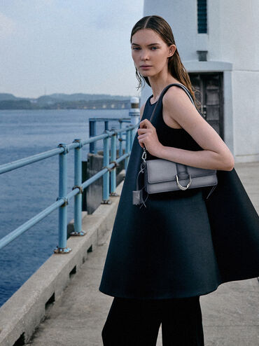 Gabine Leather Burnished Shoulder Bag, Grey, hi-res