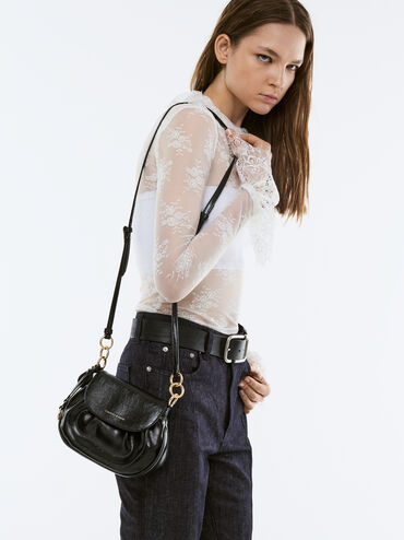 Britton Crinkle-Effect Ruched Saddle Bag, Black, hi-res