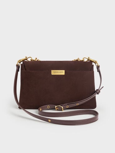 กระเป๋าสะพายข้างวัสดุหนังกลับรีไซเคิลพร้อมสายโซ่รุ่น Kerry, สีเอสเพรสโซบราวน์, hi-res